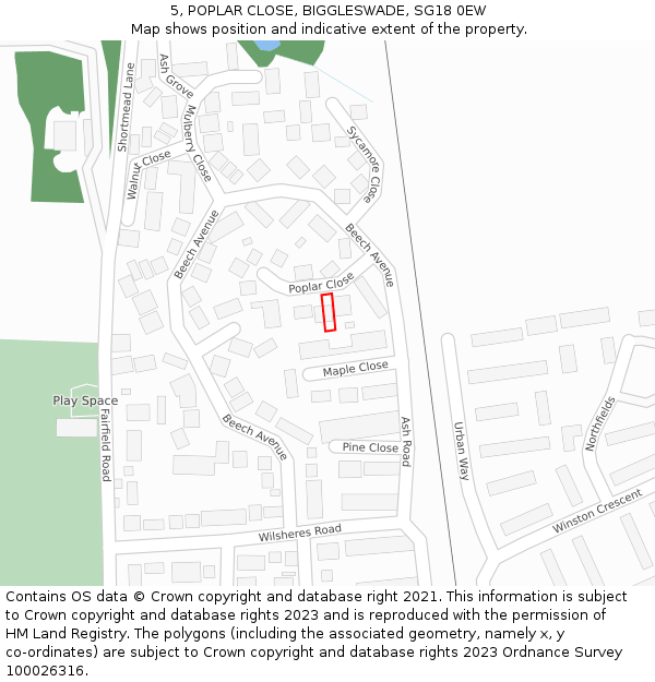 5, POPLAR CLOSE, BIGGLESWADE, SG18 0EW: Location map and indicative extent of plot