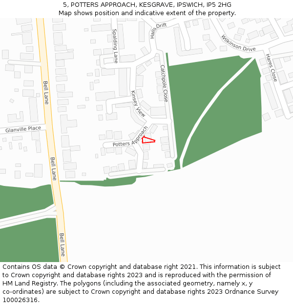 5, POTTERS APPROACH, KESGRAVE, IPSWICH, IP5 2HG: Location map and indicative extent of plot