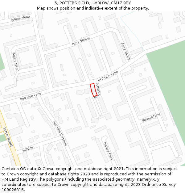 5, POTTERS FIELD, HARLOW, CM17 9BY: Location map and indicative extent of plot