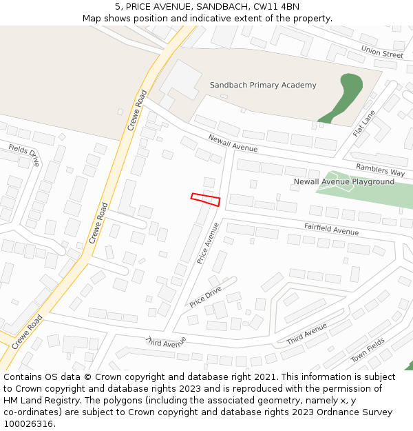 5, PRICE AVENUE, SANDBACH, CW11 4BN: Location map and indicative extent of plot