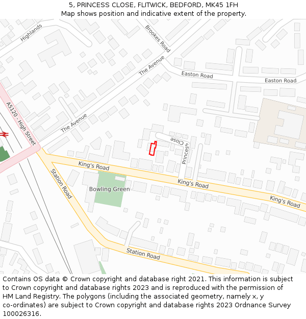 5, PRINCESS CLOSE, FLITWICK, BEDFORD, MK45 1FH: Location map and indicative extent of plot