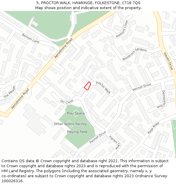 5, PROCTOR WALK, HAWKINGE, FOLKESTONE, CT18 7QS: Location map and indicative extent of plot