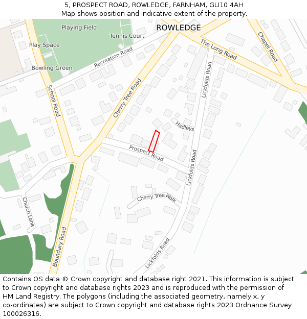 5, PROSPECT ROAD, ROWLEDGE, FARNHAM, GU10 4AH: Location map and indicative extent of plot