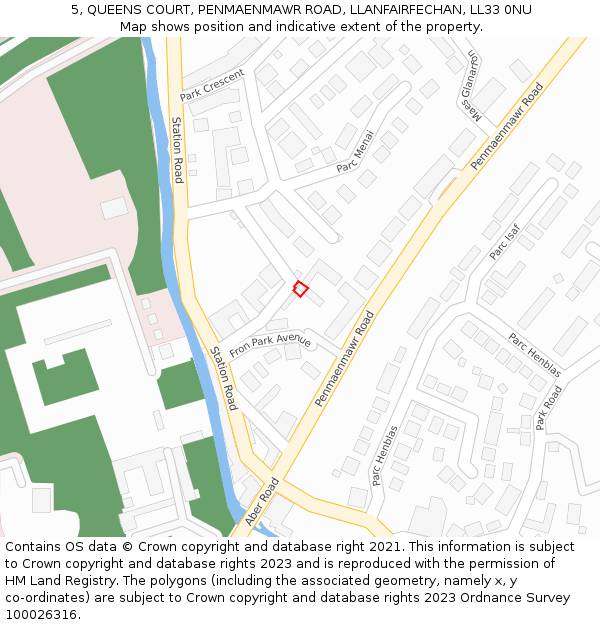 5, QUEENS COURT, PENMAENMAWR ROAD, LLANFAIRFECHAN, LL33 0NU: Location map and indicative extent of plot