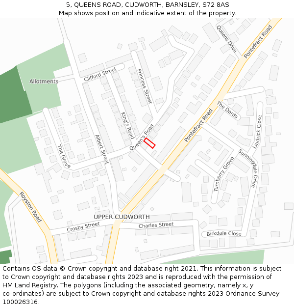 5, QUEENS ROAD, CUDWORTH, BARNSLEY, S72 8AS: Location map and indicative extent of plot