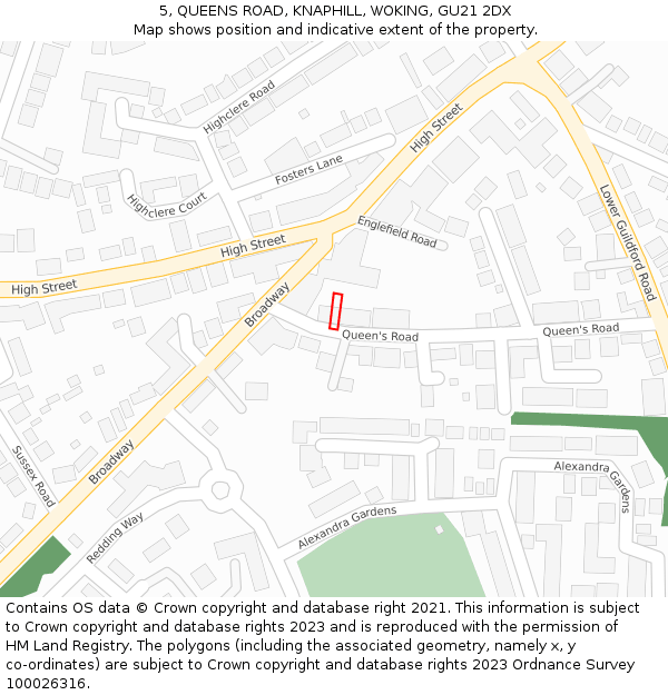 5, QUEENS ROAD, KNAPHILL, WOKING, GU21 2DX: Location map and indicative extent of plot