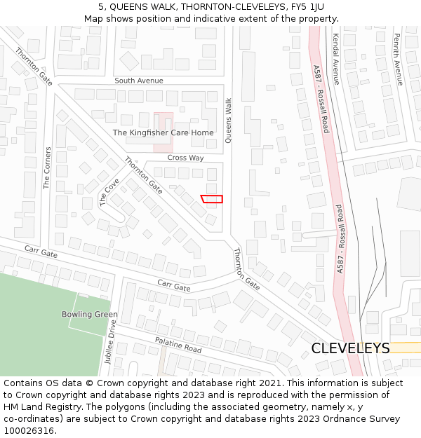 5, QUEENS WALK, THORNTON-CLEVELEYS, FY5 1JU: Location map and indicative extent of plot