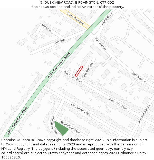 5, QUEX VIEW ROAD, BIRCHINGTON, CT7 0DZ: Location map and indicative extent of plot