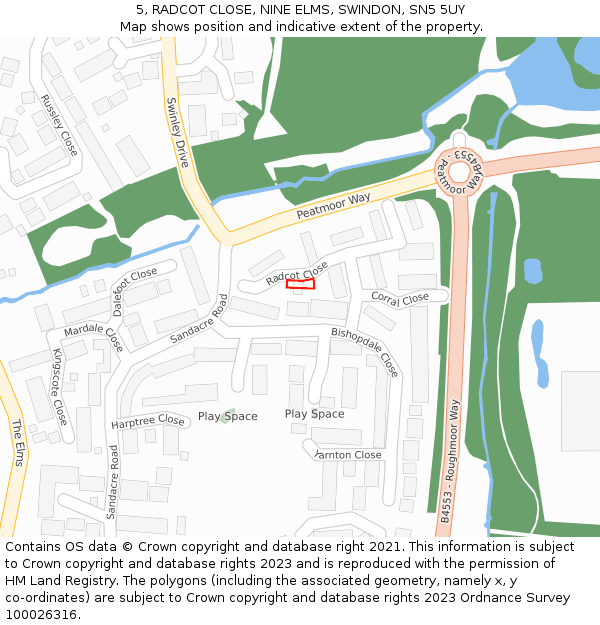 5, RADCOT CLOSE, NINE ELMS, SWINDON, SN5 5UY: Location map and indicative extent of plot