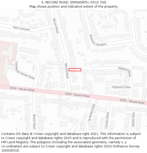 5, RECORD ROAD, EMSWORTH, PO10 7NS: Location map and indicative extent of plot