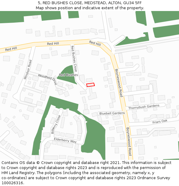 5, RED BUSHES CLOSE, MEDSTEAD, ALTON, GU34 5FF: Location map and indicative extent of plot