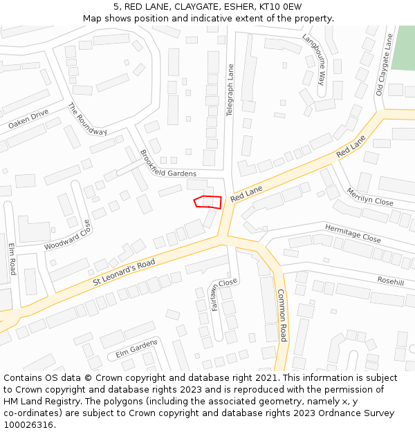 5, RED LANE, CLAYGATE, ESHER, KT10 0EW: Location map and indicative extent of plot