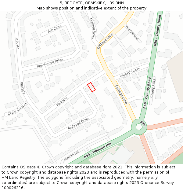 5, REDGATE, ORMSKIRK, L39 3NN: Location map and indicative extent of plot