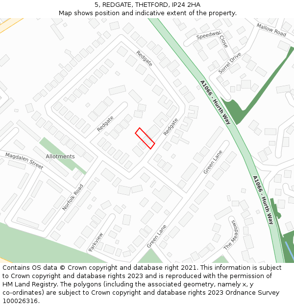 5, REDGATE, THETFORD, IP24 2HA: Location map and indicative extent of plot