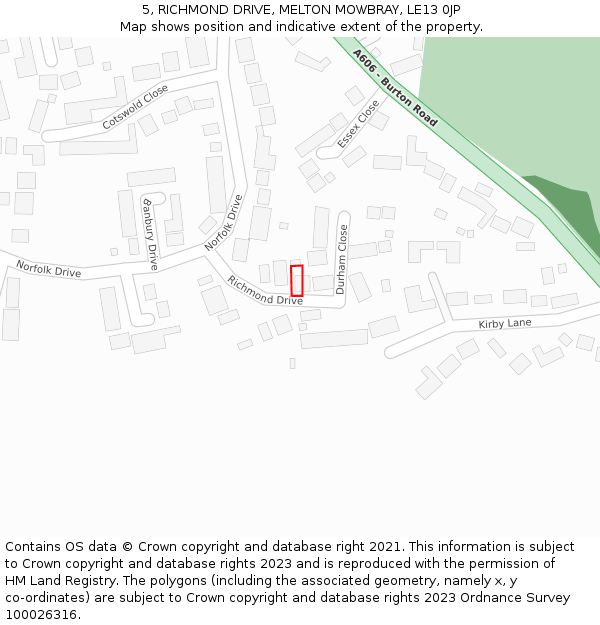 5, RICHMOND DRIVE, MELTON MOWBRAY, LE13 0JP: Location map and indicative extent of plot