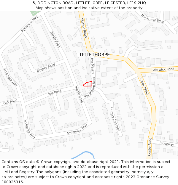 5, RIDDINGTON ROAD, LITTLETHORPE, LEICESTER, LE19 2HQ: Location map and indicative extent of plot