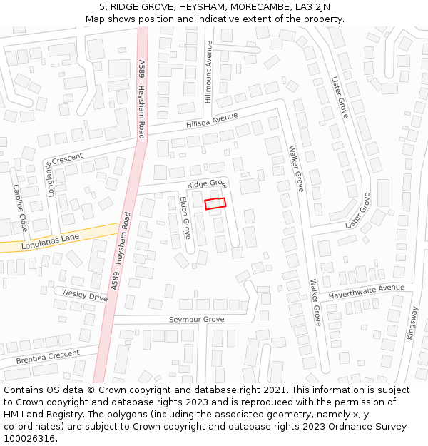 5, RIDGE GROVE, HEYSHAM, MORECAMBE, LA3 2JN: Location map and indicative extent of plot