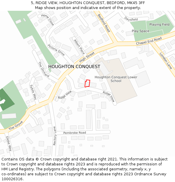 5, RIDGE VIEW, HOUGHTON CONQUEST, BEDFORD, MK45 3FF: Location map and indicative extent of plot