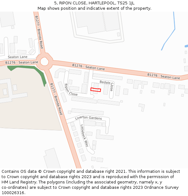 5, RIPON CLOSE, HARTLEPOOL, TS25 1JL: Location map and indicative extent of plot