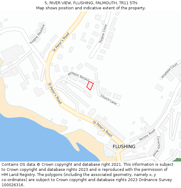 5, RIVER VIEW, FLUSHING, FALMOUTH, TR11 5TN: Location map and indicative extent of plot