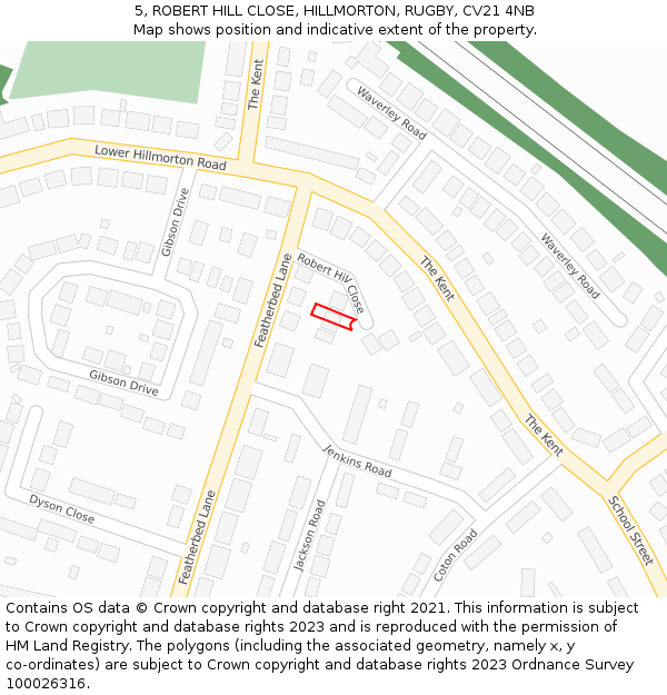 5, ROBERT HILL CLOSE, HILLMORTON, RUGBY, CV21 4NB: Location map and indicative extent of plot