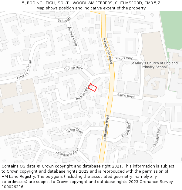 5, RODING LEIGH, SOUTH WOODHAM FERRERS, CHELMSFORD, CM3 5JZ: Location map and indicative extent of plot