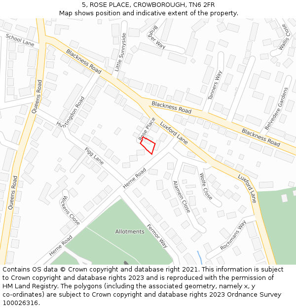 5, ROSE PLACE, CROWBOROUGH, TN6 2FR: Location map and indicative extent of plot