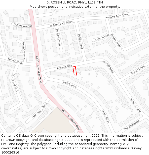 5, ROSEHILL ROAD, RHYL, LL18 4TN: Location map and indicative extent of plot