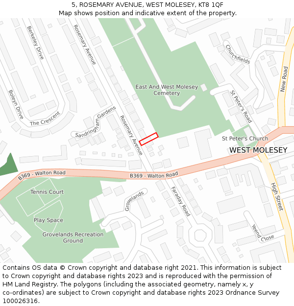 5, ROSEMARY AVENUE, WEST MOLESEY, KT8 1QF: Location map and indicative extent of plot