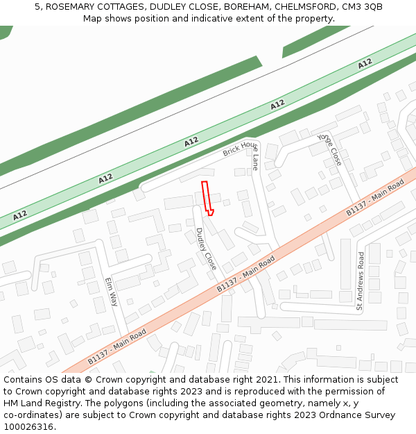 5, ROSEMARY COTTAGES, DUDLEY CLOSE, BOREHAM, CHELMSFORD, CM3 3QB: Location map and indicative extent of plot