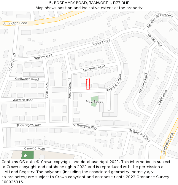 5, ROSEMARY ROAD, TAMWORTH, B77 3HE: Location map and indicative extent of plot