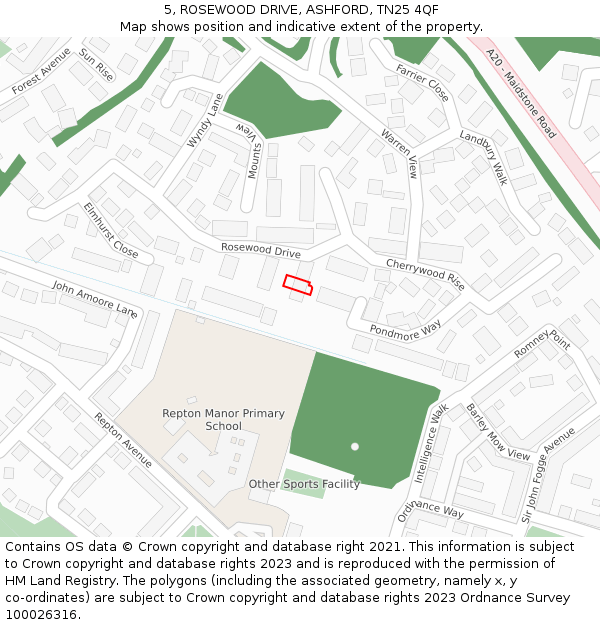 5, ROSEWOOD DRIVE, ASHFORD, TN25 4QF: Location map and indicative extent of plot