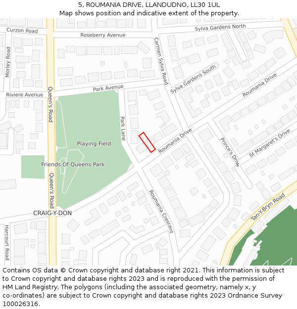 5, ROUMANIA DRIVE, LLANDUDNO, LL30 1UL: Location map and indicative extent of plot