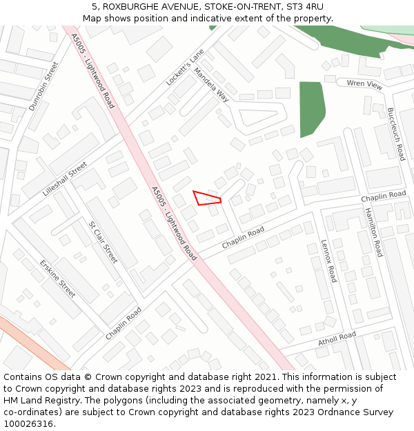 5, ROXBURGHE AVENUE, STOKE-ON-TRENT, ST3 4RU: Location map and indicative extent of plot