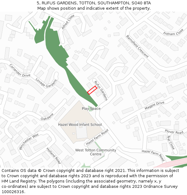 5, RUFUS GARDENS, TOTTON, SOUTHAMPTON, SO40 8TA: Location map and indicative extent of plot