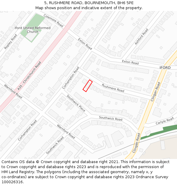 5, RUSHMERE ROAD, BOURNEMOUTH, BH6 5PE: Location map and indicative extent of plot