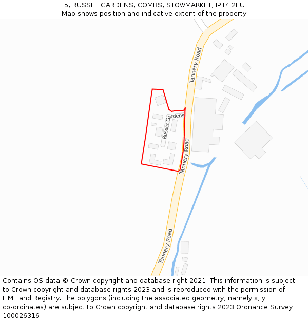 5, RUSSET GARDENS, COMBS, STOWMARKET, IP14 2EU: Location map and indicative extent of plot
