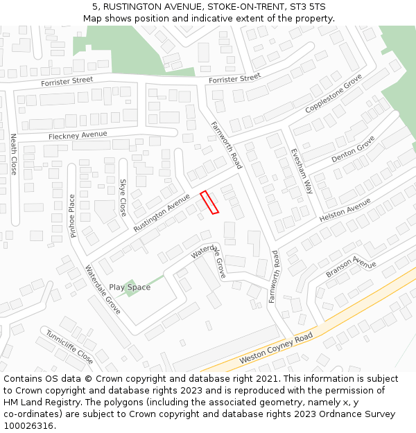 5, RUSTINGTON AVENUE, STOKE-ON-TRENT, ST3 5TS: Location map and indicative extent of plot