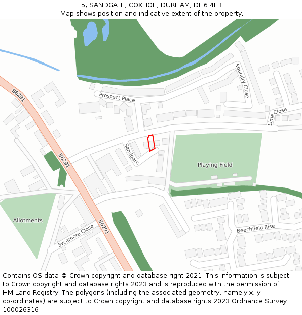 5, SANDGATE, COXHOE, DURHAM, DH6 4LB: Location map and indicative extent of plot