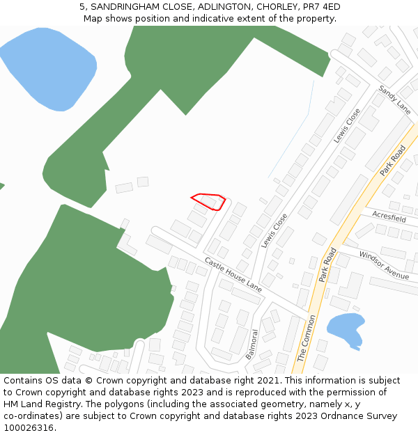 5, SANDRINGHAM CLOSE, ADLINGTON, CHORLEY, PR7 4ED: Location map and indicative extent of plot