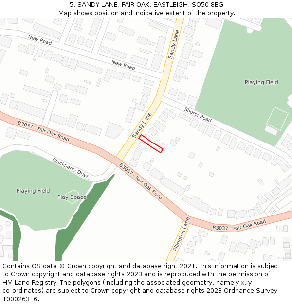 5, SANDY LANE, FAIR OAK, EASTLEIGH, SO50 8EG: Location map and indicative extent of plot