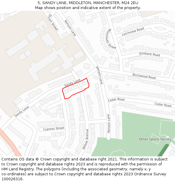 5, SANDY LANE, MIDDLETON, MANCHESTER, M24 2EU: Location map and indicative extent of plot