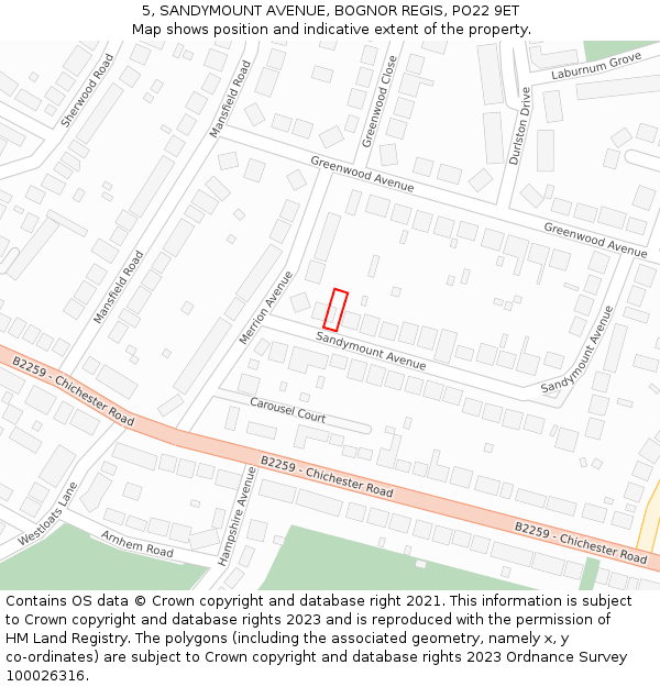 5, SANDYMOUNT AVENUE, BOGNOR REGIS, PO22 9ET: Location map and indicative extent of plot