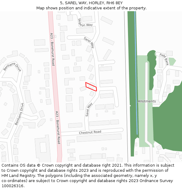 5, SAREL WAY, HORLEY, RH6 8EY: Location map and indicative extent of plot