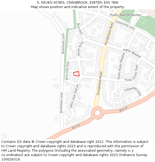 5, SEVEN ACRES, CRANBROOK, EXETER, EX5 7BW: Location map and indicative extent of plot