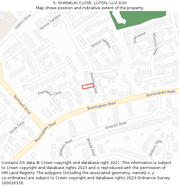 5, SHANKLIN CLOSE, LUTON, LU3 3UH: Location map and indicative extent of plot