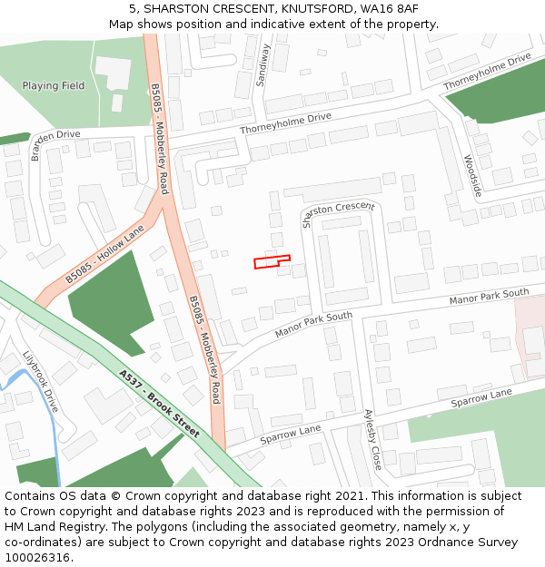 5, SHARSTON CRESCENT, KNUTSFORD, WA16 8AF: Location map and indicative extent of plot