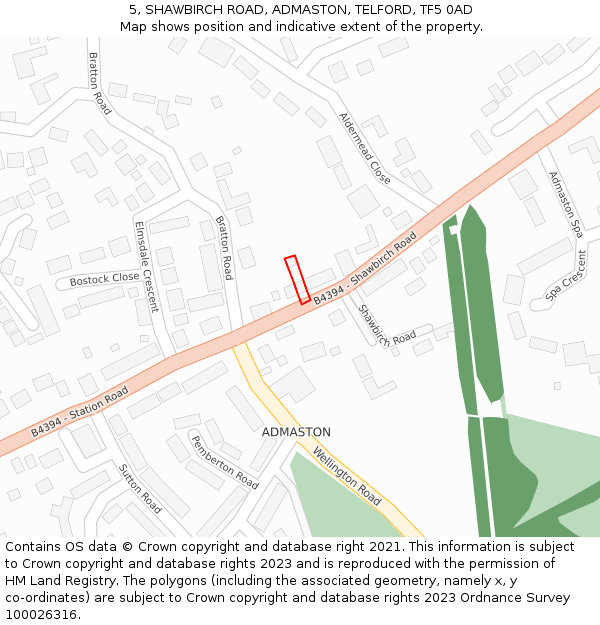 5, SHAWBIRCH ROAD, ADMASTON, TELFORD, TF5 0AD: Location map and indicative extent of plot