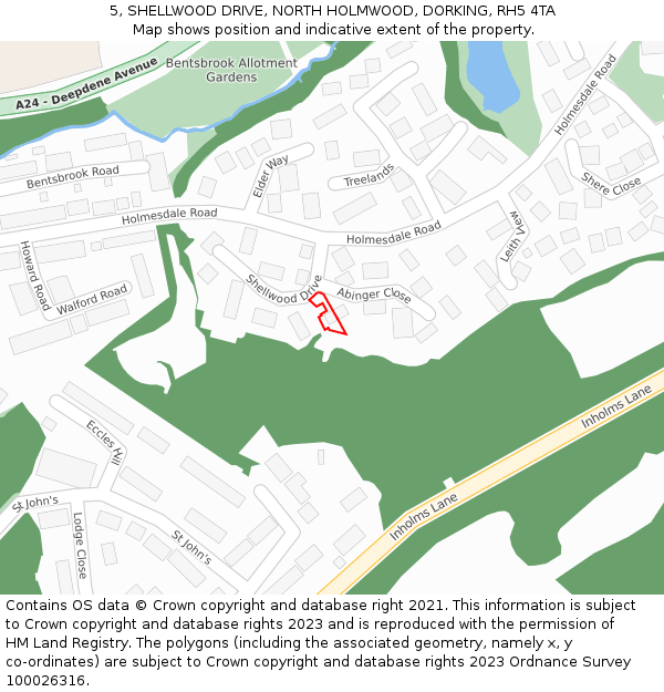 5, SHELLWOOD DRIVE, NORTH HOLMWOOD, DORKING, RH5 4TA: Location map and indicative extent of plot