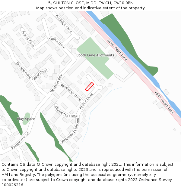 5, SHILTON CLOSE, MIDDLEWICH, CW10 0RN: Location map and indicative extent of plot